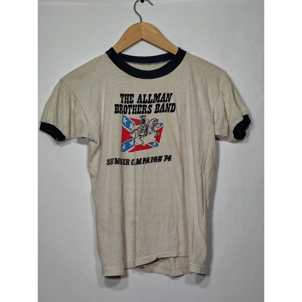 Rare Vintage Allman Brothers Band Summer Campaign 74 Ringer T-Shirt Cream Navy S - Picture 10 of 11